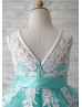 Turquoise Tulle Ivory Lace V Back Knee Length Flower Girl Dress 